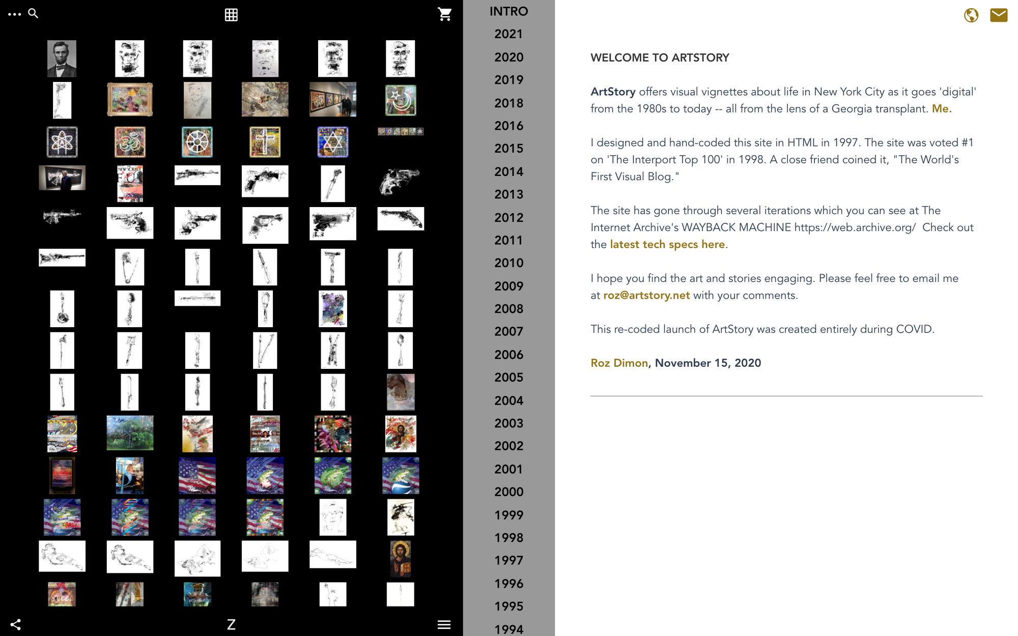 ArtStory gallery with artwork, year navigation, and story views.