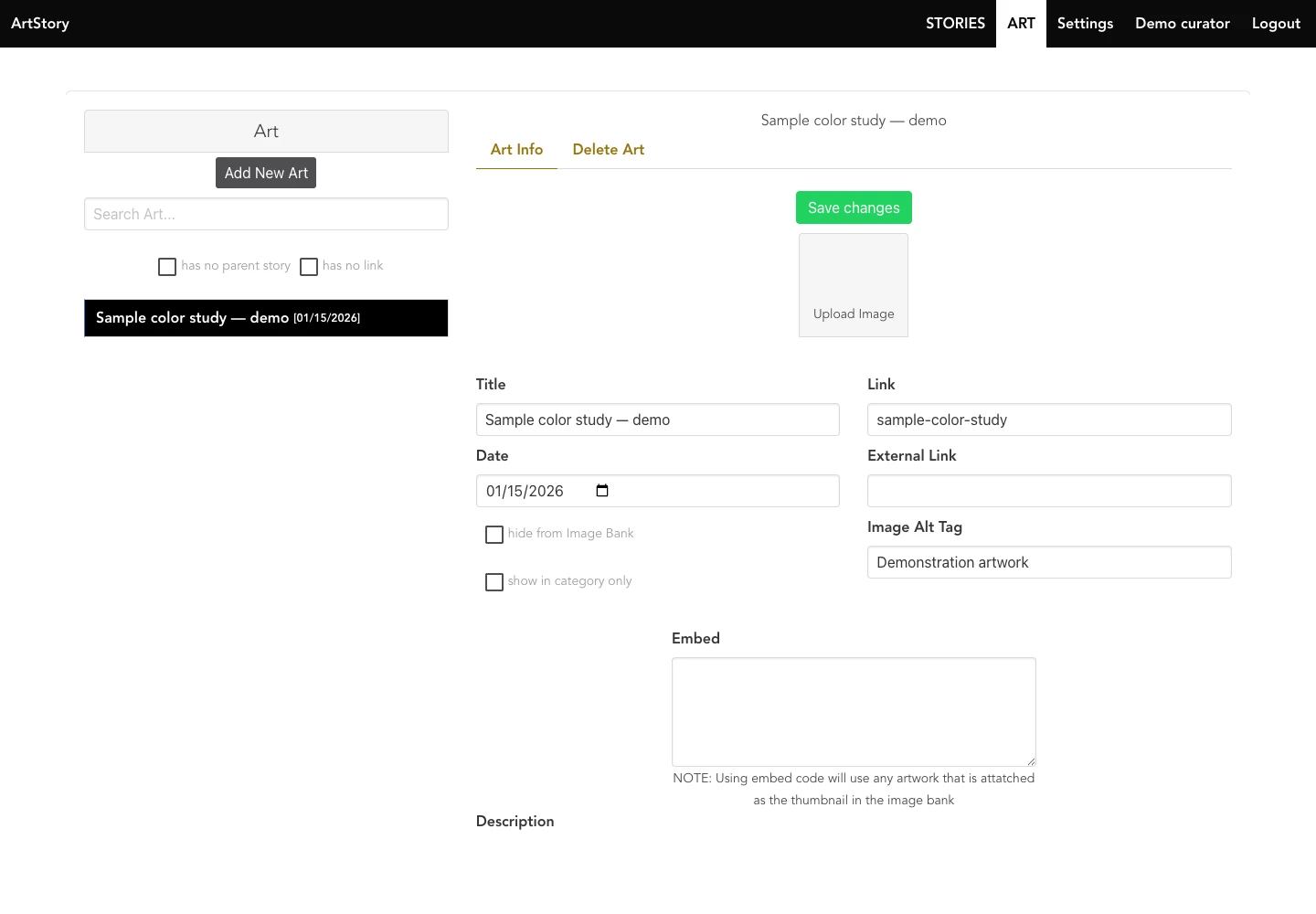 ArtStory art editor with a sample record
