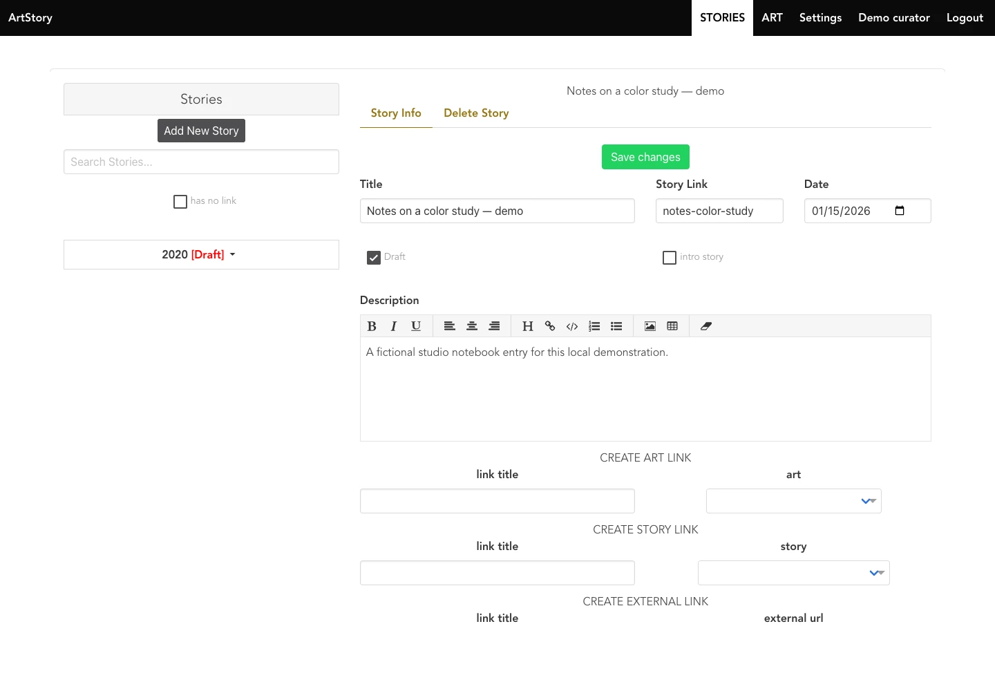 ArtStory story editor with a sample notebook entry