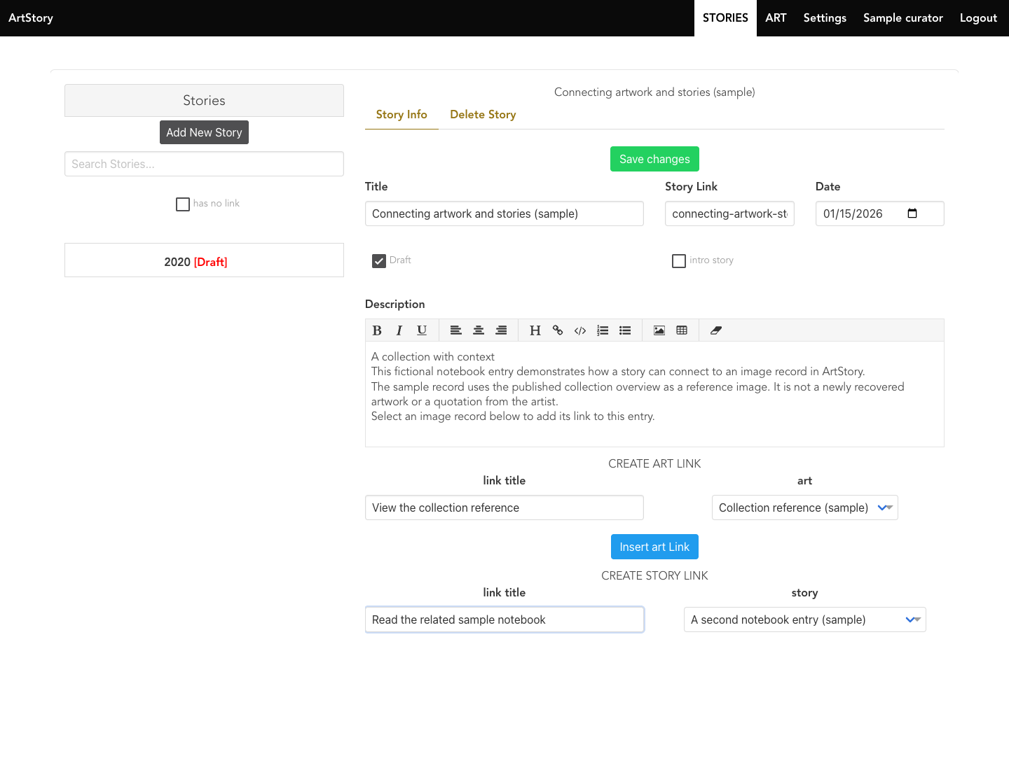 ArtStory story editor linking stories with artwork and references.