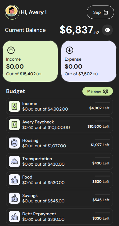 Dark theme budget interface detail showing a fictional Avery greeting, September selector, current balance, Income and Expense cards, Budget heading, Manage control, and category rows through Debt Repayment.