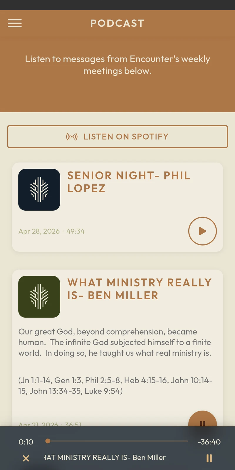 Encounter app podcast list and audio playback controls.