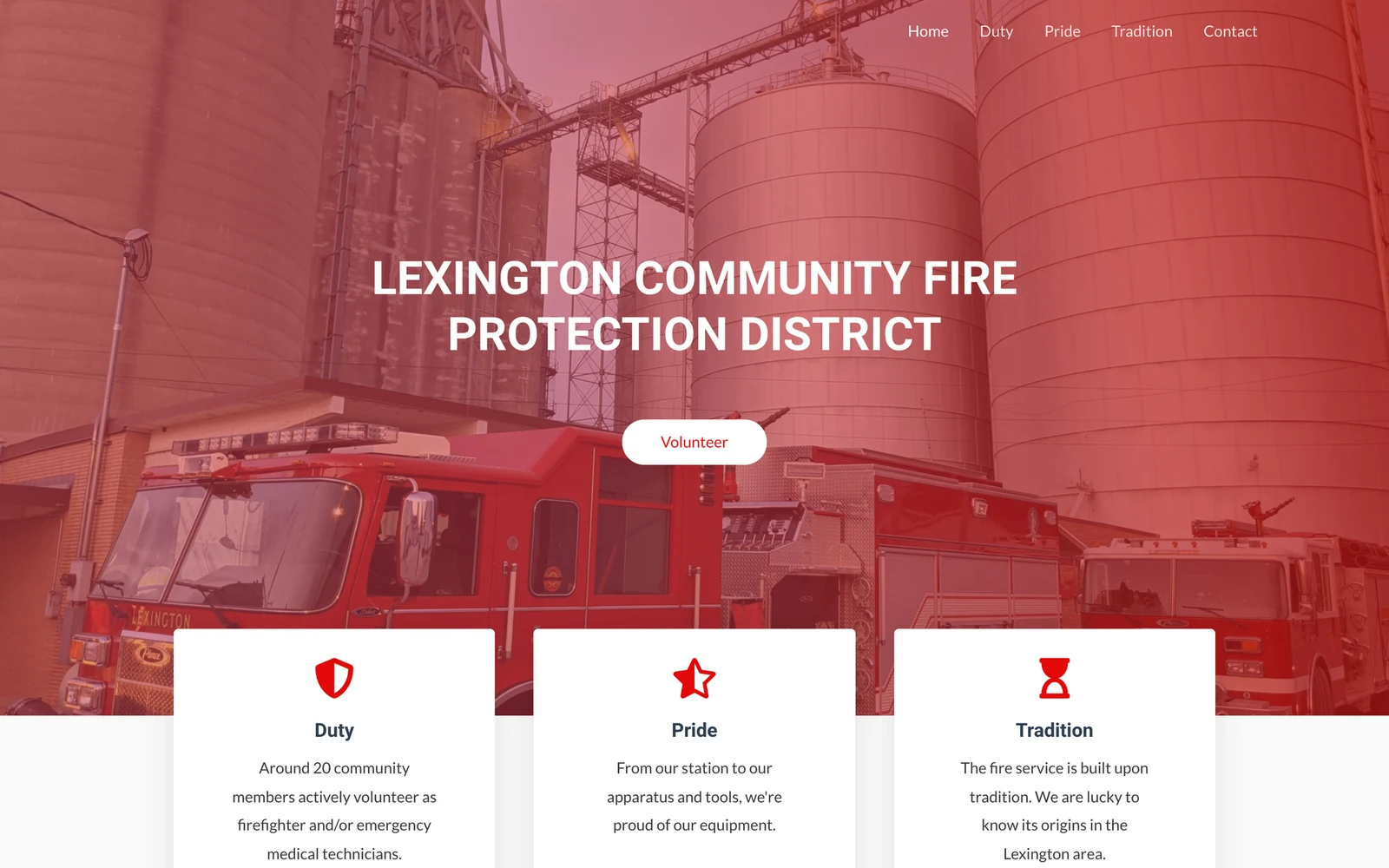 Lexington Community Fire Protection District homepage with a fire engine and volunteer link.