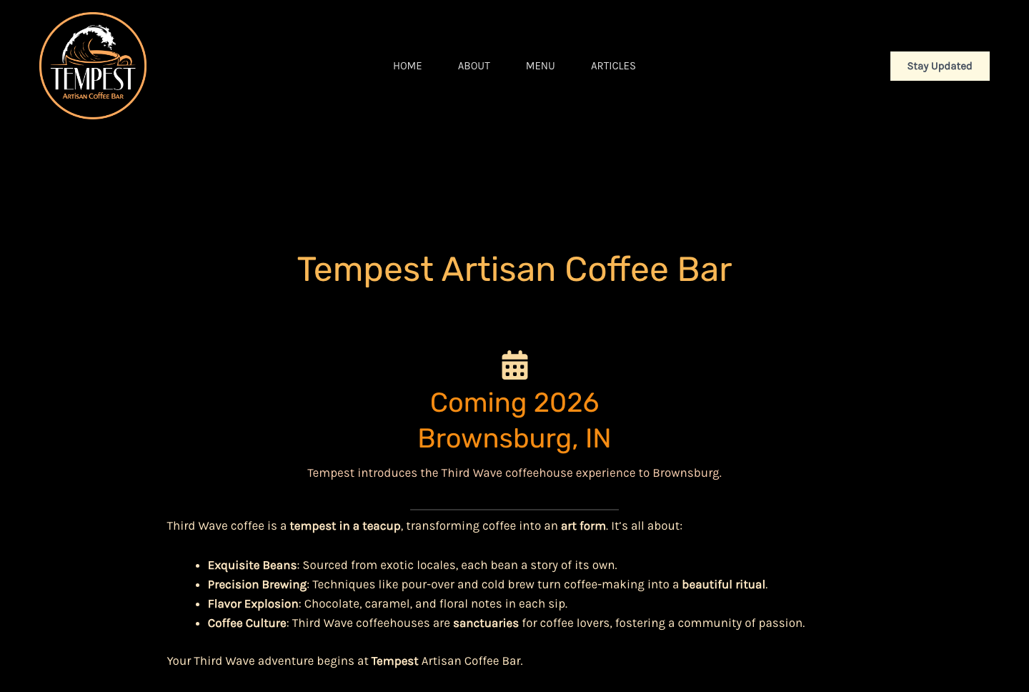 Tempest homepage with navigation, branding and the archived Coming 2026 announcement.