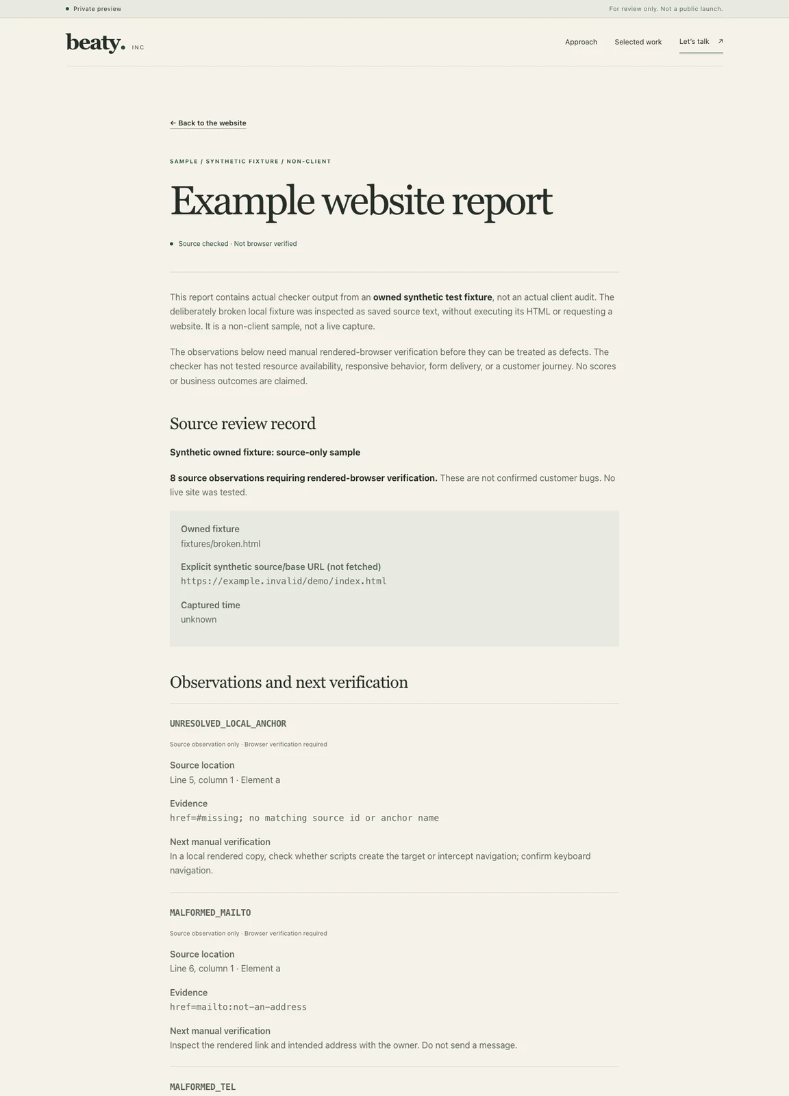 Website Snapshot Checker sample report with synthetic-fixture provenance and source observations.